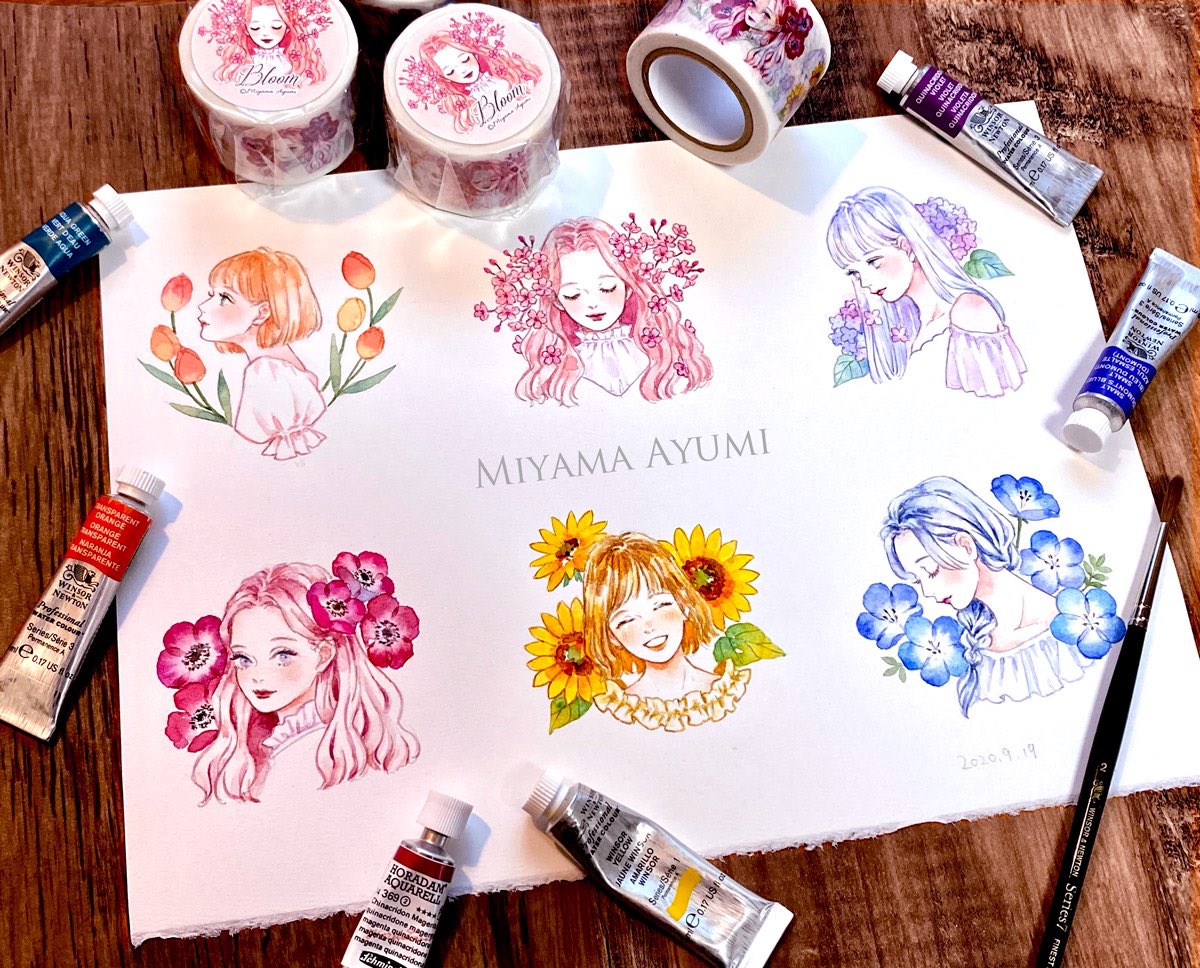 マスキングテープ Bloom できました 6種類の花と女の子を描きました 6人 Miya ミヤマアユミ のイラスト