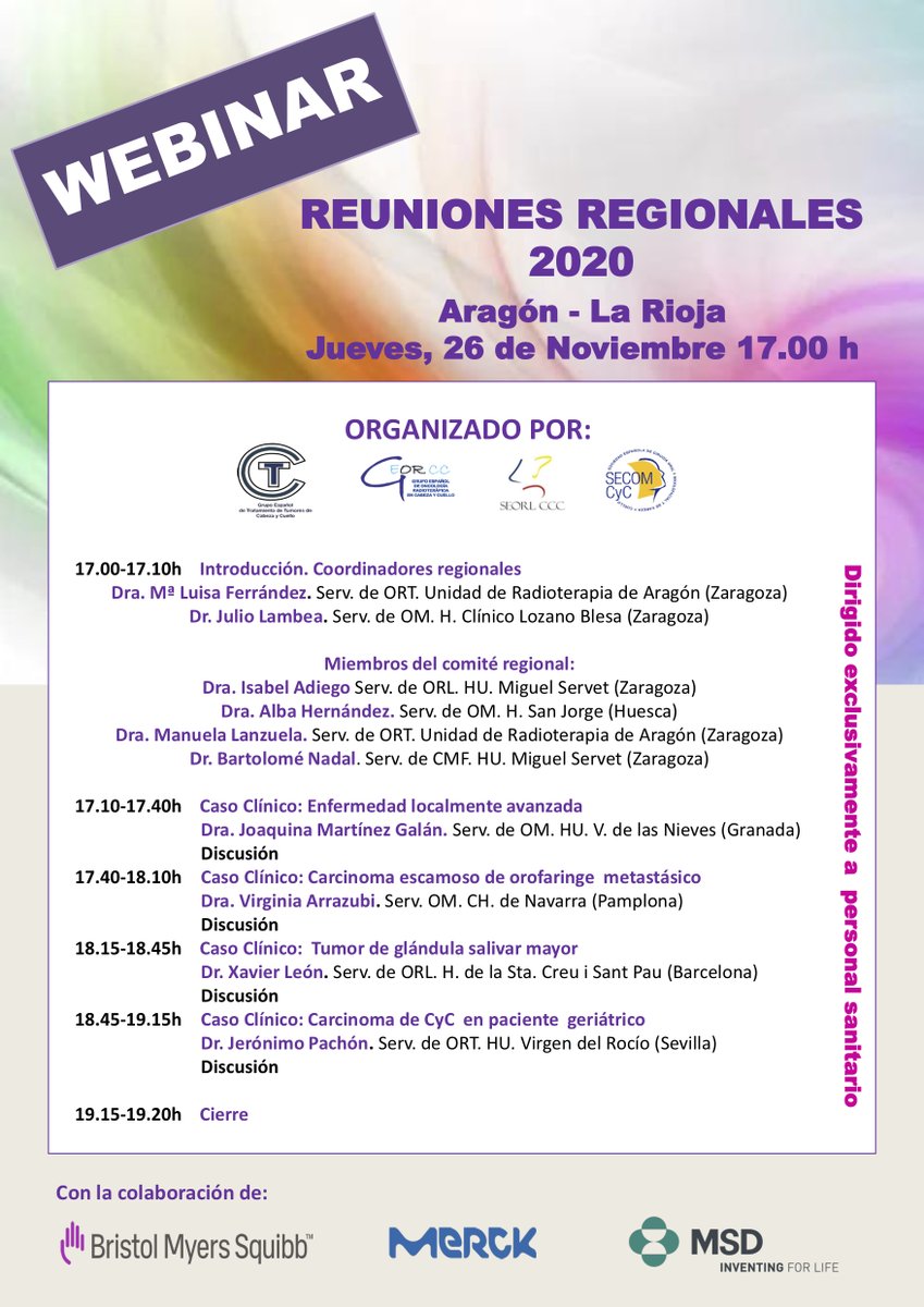 ttccgroup's tweet photo. Jueves 26 nov a las 17 h: Aragón y Rioja. 3a Edición Reuniones Regionales de Cáncer de Cabeza y Cuello. Online. Formato de casos clínicos y debate de Comité multidisciplinar. Última cita regional 2020. Inscripción  https://t.co/WA0YXOmH7h @_SEOM @SEORLCCC @SECOMmxf @SEOR_ESP👇👇 https://t.co/ST5OgQCqwc