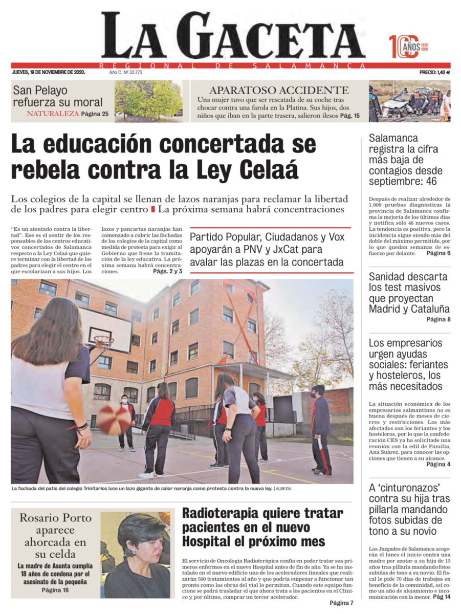 trinitariossala's tweet photo. En primera página las Protestas de los centros concertados contra la Ley Celaá, con nuestro colegio en la Portada. 
#StopLeyCelaa #MasPlurales @centrosFEST https://t.co/QDgCSjnZCB