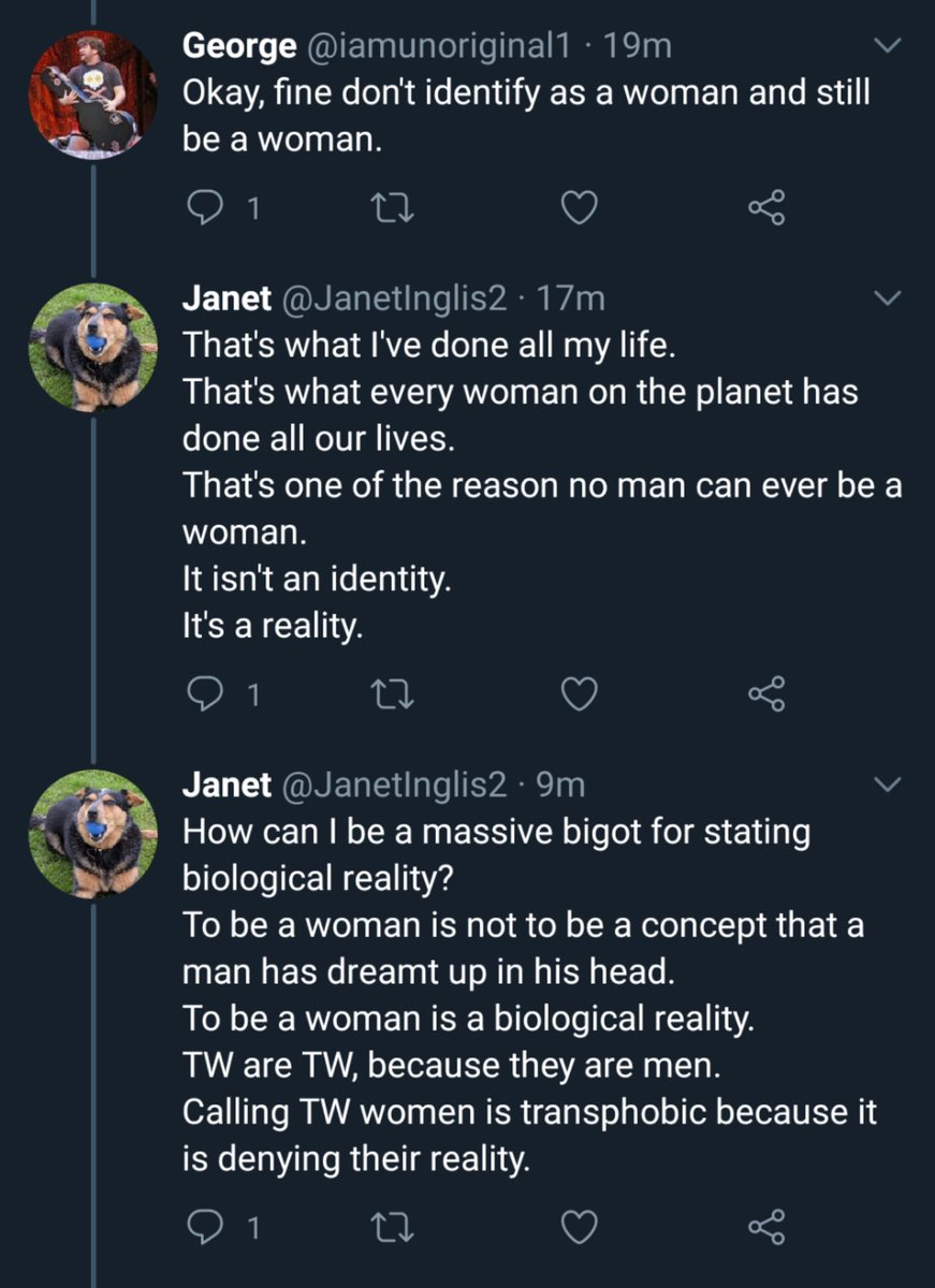 I really don't think there's any hope of making these people understand that woman is not an identity in a man's head.They are trans people's worst enemies.But I was nice and patient (I think).It didn't work, so I'll go back to being a smart arsed bitch.It's more fun.