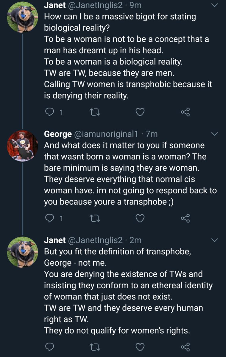 I really don't think there's any hope of making these people understand that woman is not an identity in a man's head.They are trans people's worst enemies.But I was nice and patient (I think).It didn't work, so I'll go back to being a smart arsed bitch.It's more fun.
