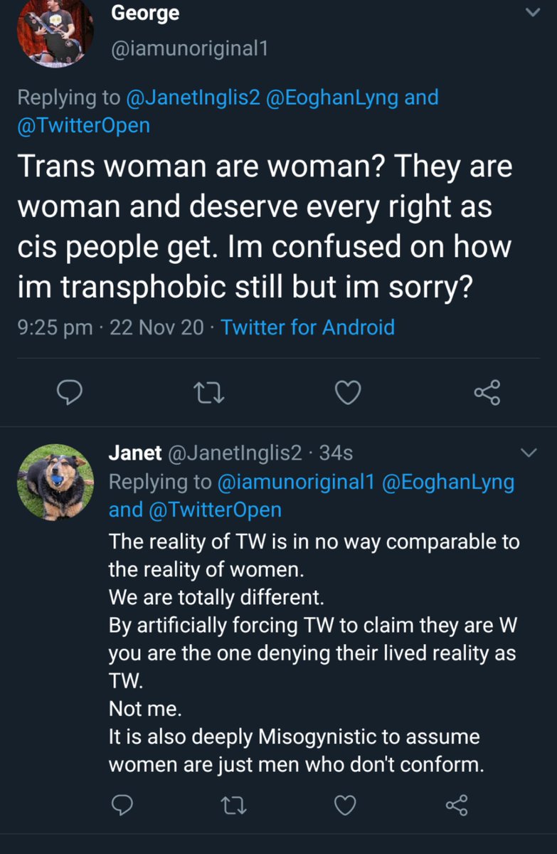 I really don't think there's any hope of making these people understand that woman is not an identity in a man's head.They are trans people's worst enemies.But I was nice and patient (I think).It didn't work, so I'll go back to being a smart arsed bitch.It's more fun.