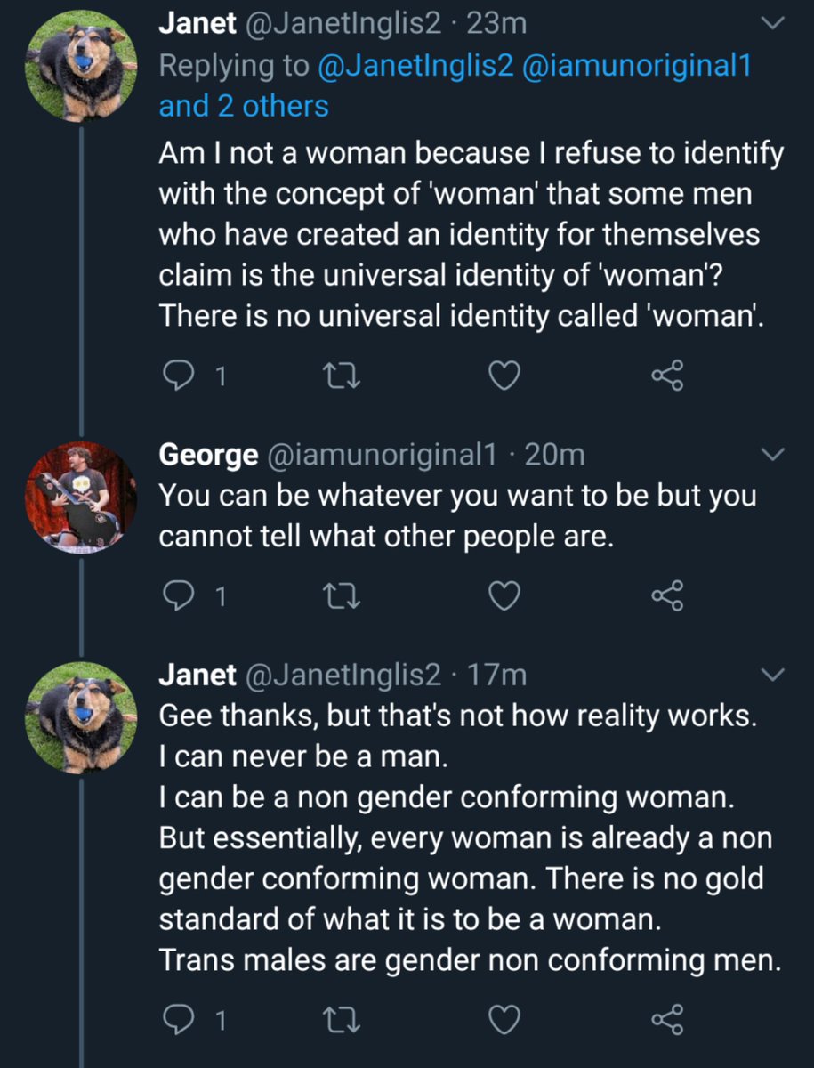 I really don't think there's any hope of making these people understand that woman is not an identity in a man's head.They are trans people's worst enemies.But I was nice and patient (I think).It didn't work, so I'll go back to being a smart arsed bitch.It's more fun.