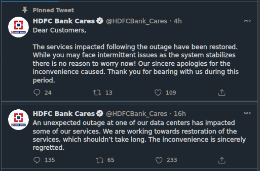 12+ hour outage at one of India's top private banks. #DigitalIndia