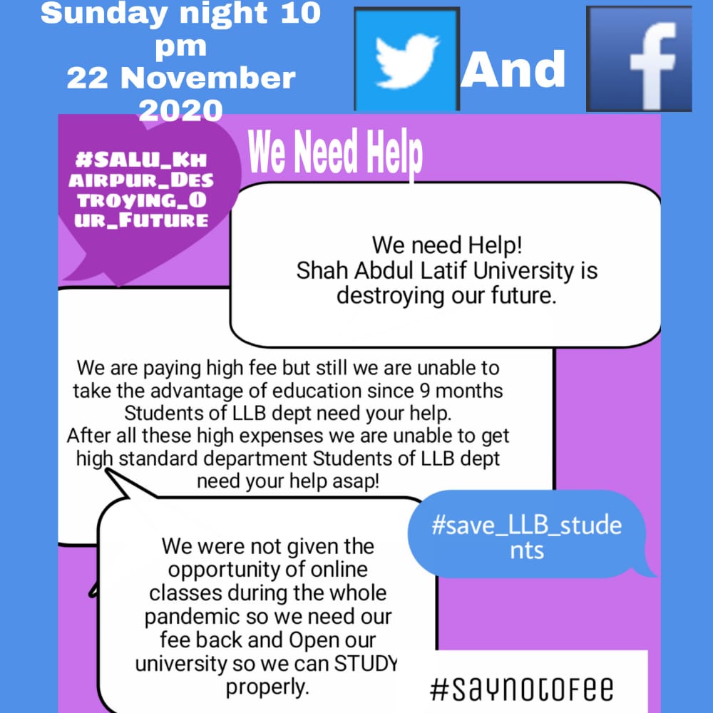 kabeeransari99's tweet photo. We need Help!
Shah Abdul Latif University is destroying our future
We are paying high fee but still we are unable to take the advantage of education since 9 months
Students of LLB dept need your help.
#shahabdullatifuniversity_destroying_our_future
#save_LLB_students
#saynotofee https://t.co/oZ4LUds0eg