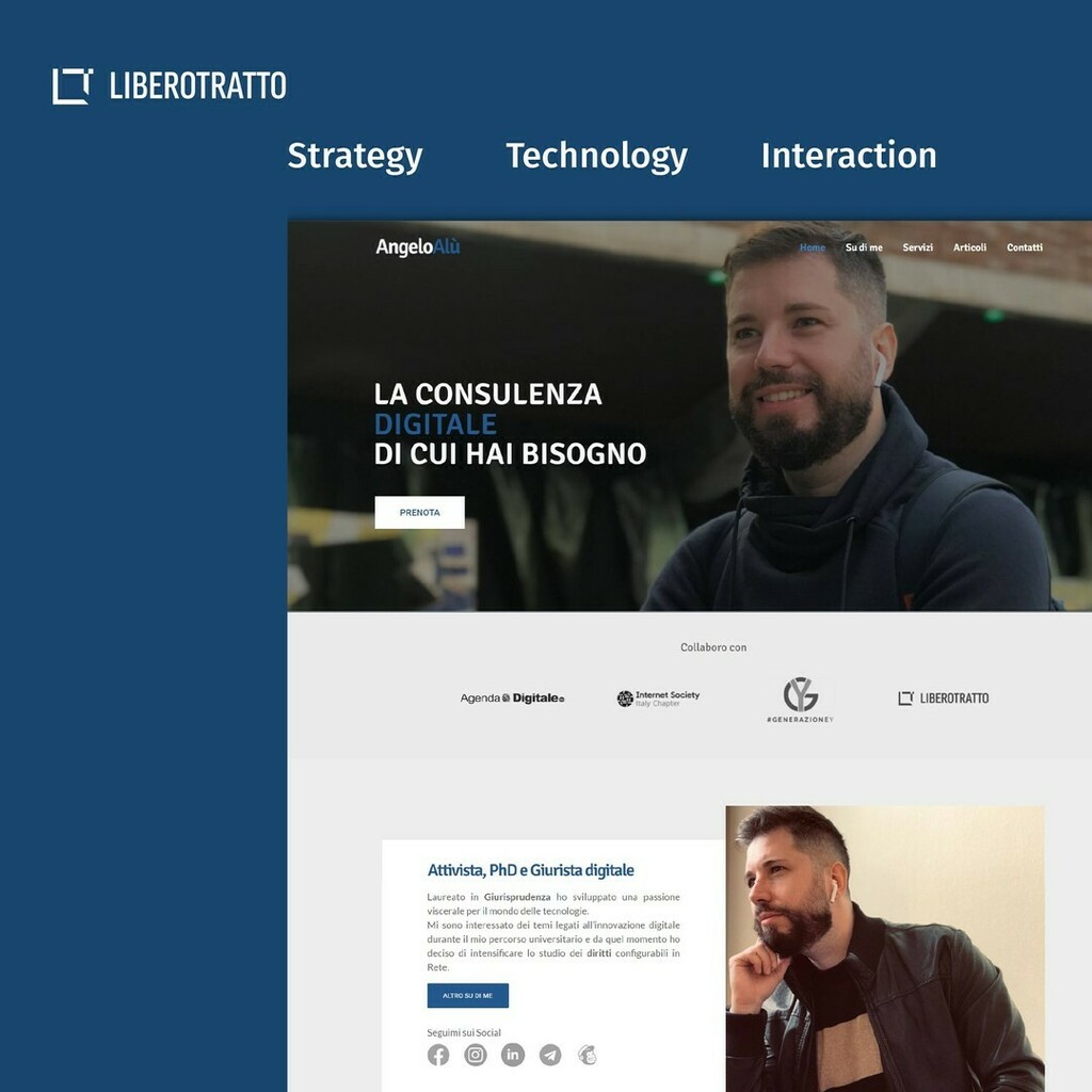 LIBEROTRATTO's tweet photo. 🇮🇹 L’esperto di legislazione digitale @angeloalu_cyberlaw si è affidato a noi per la rappresentazione del personal branding e per ottimizzare l’organizzazione gestionale degli appuntamenti! https://t.co/bEhqO7hRig

Liberotratto ha realizzato un sito istituzionale, giovane e din… https://t.co/CXAzBY7bIX