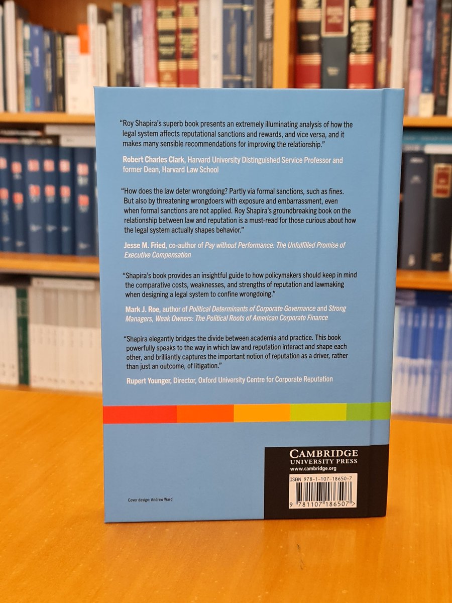 This just arrived. "Law and Reputation: How the Legal System Shapes Behavior by Producing Information" (<a href="/CUP_Law/">Cambridge University Press - Law</a>) by my colleague Roy Shapira @IDCHerzliya, with endorsements by Robert Clark, <a href="/jessefried/">Jesse Fried</a>, Mark Roe &amp; <a href="/profyounger/">Rupert Younger</a>. Wonderful book!
<a href="/zingales/">Zingales</a> <a href="/lucaenriques/">Luca Enriques</a> <a href="/grolnik/">Guy Rolnik</a>