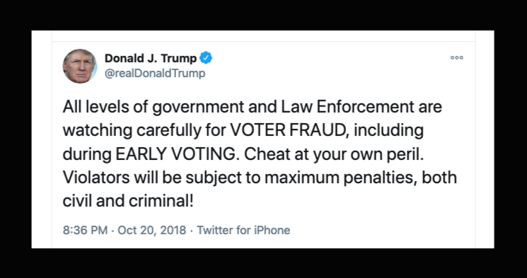 2 of 7On October 20, 2018,  @realDonaldTrump tweeted a warning that, "All levels of government and Law Enforcement are watching carefully for VOTER FRAUD...""All levels of government" would include the NSA, which monitors all electronic data, including digital voting data.