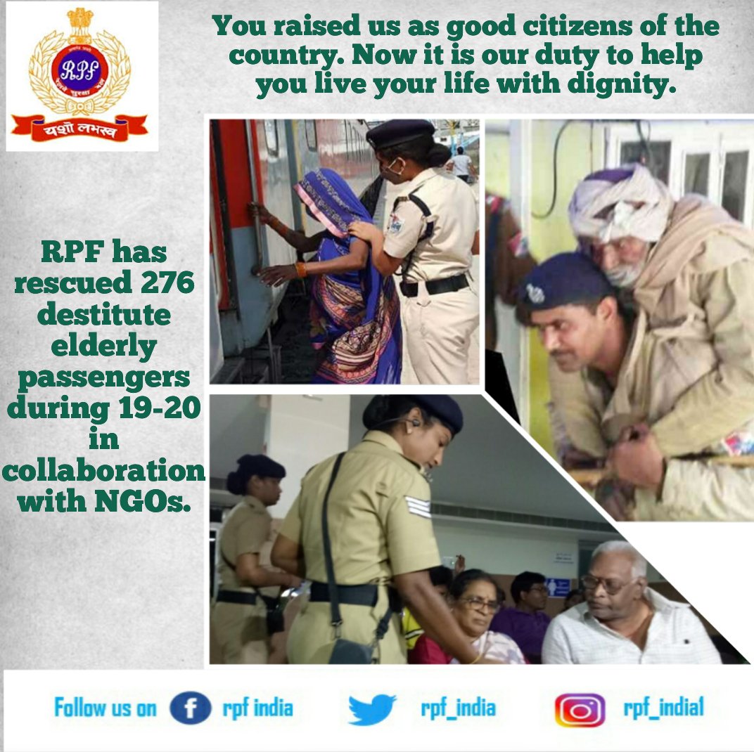 RPF_INDIA's tweet photo. You raised us as good citizens of the country. Now it's our duty to help you live your life with dignity. 
276 destitute elderly passengers #RescuedByRPF in 19-20, and several more assisted by us. 
#DutyWithHumanity
Rpf का हाथ वरिष्ठ नागरिक के साथ

@arunkumar783 @PiyushGoyal https://t.co/wwpetUS4TV