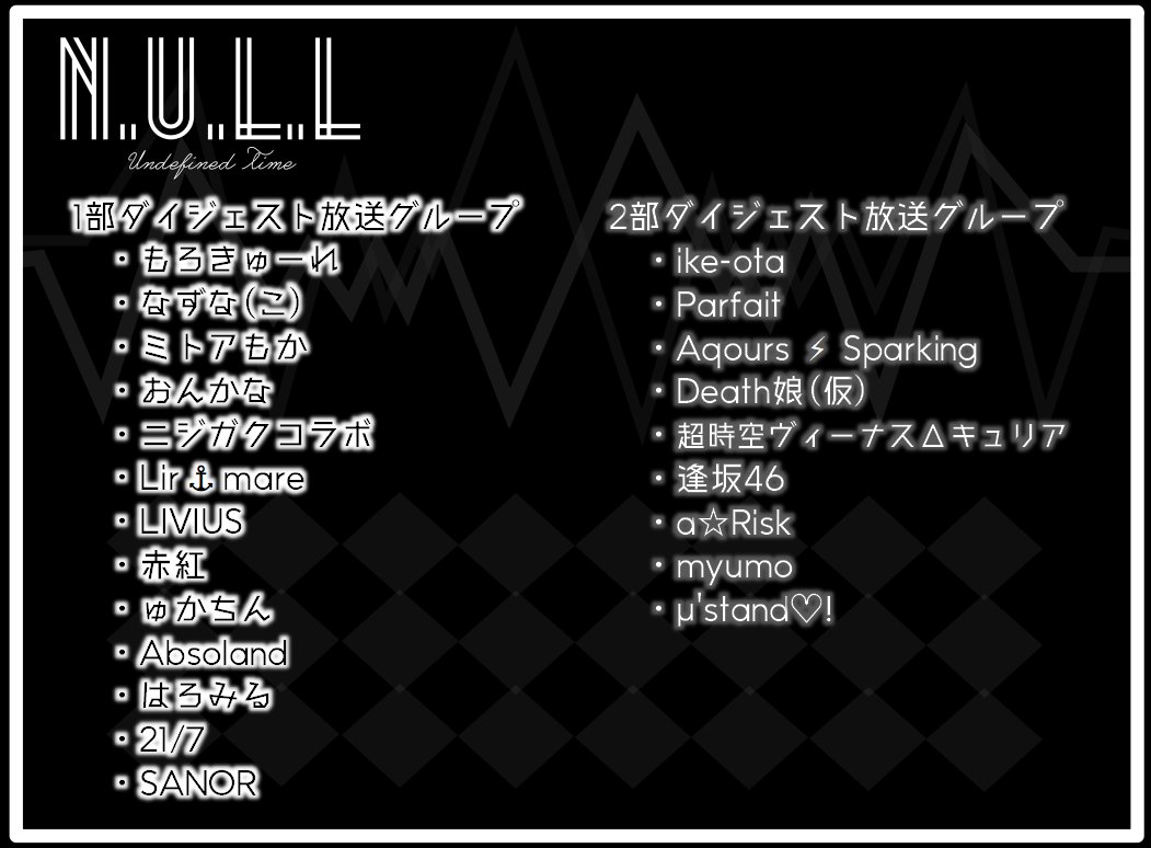 Null 第4回5月3日 祝 4日 祝 ダイジェスト放送案内 昨日のnull Vol 1の各ステージ演目を12月6日 日 時よりツイキャスにて配信を行います ダイジェスト出演グループはリストをご確認ください 各部1時間程の配信予定です ヌルパフォ T Null 第4回5月3日 祝 4日 祝 ダイジェスト放送案内 昨日のnull Vol 1の各ステージ演目を12月6日 日 時よりツイキャスにて配信を行います ダイジェスト出演グループはリストをご確認ください 各部1時間程の配信予定です ヌルパフォ T