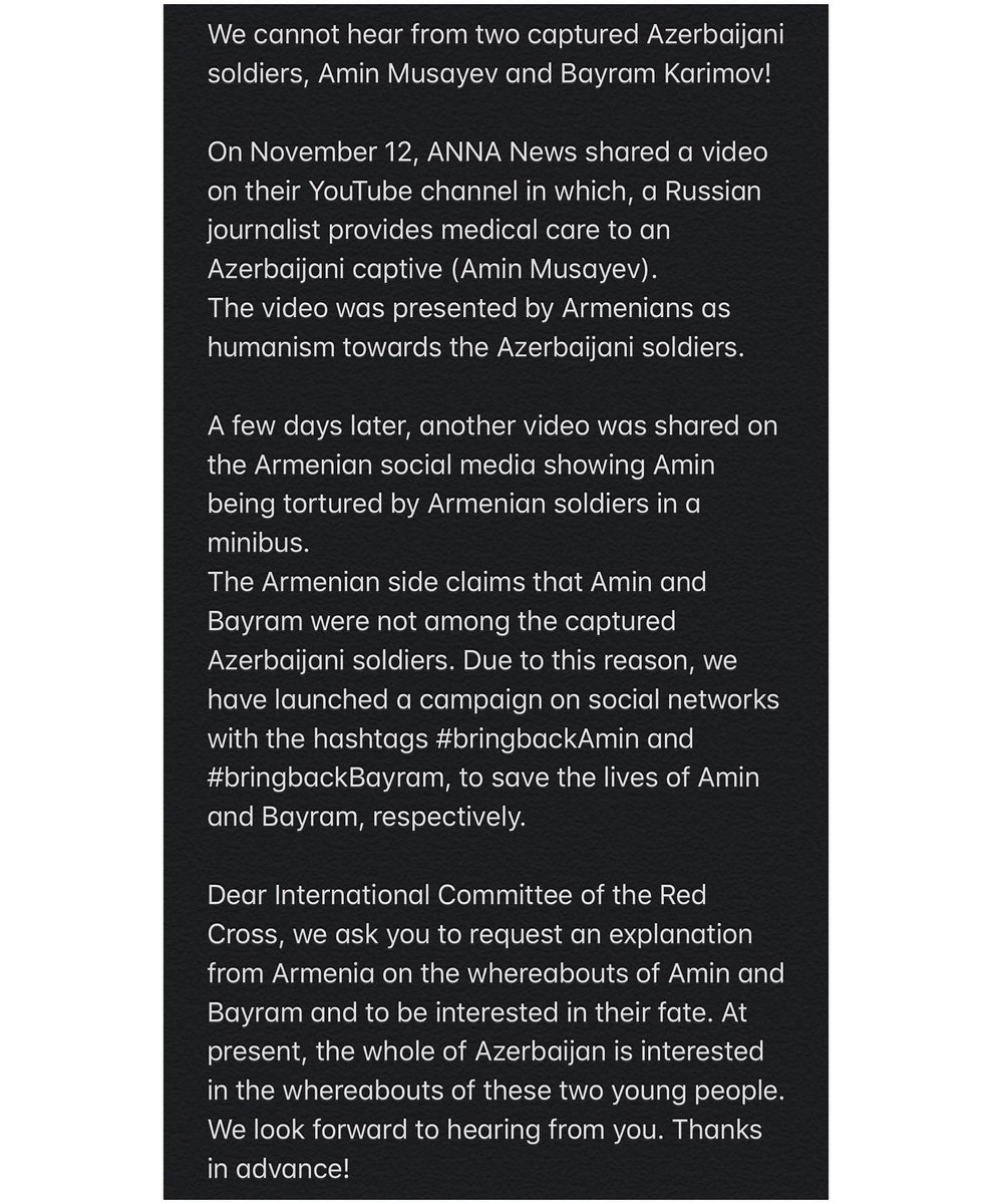HUSEYNOVTURAL1's tweet photo. We cannot hear from two captured Azerbaijani soldiers, Amin Musayev and Bayram Karimov!
On November 12, ANNA News shared a video on their YouTube channel in which, a Russian journalist provides medical care to an Azerbaijani captive (Amin Musayev).
The video was...
#swissredcross https://t.co/UxFrQwDPu4