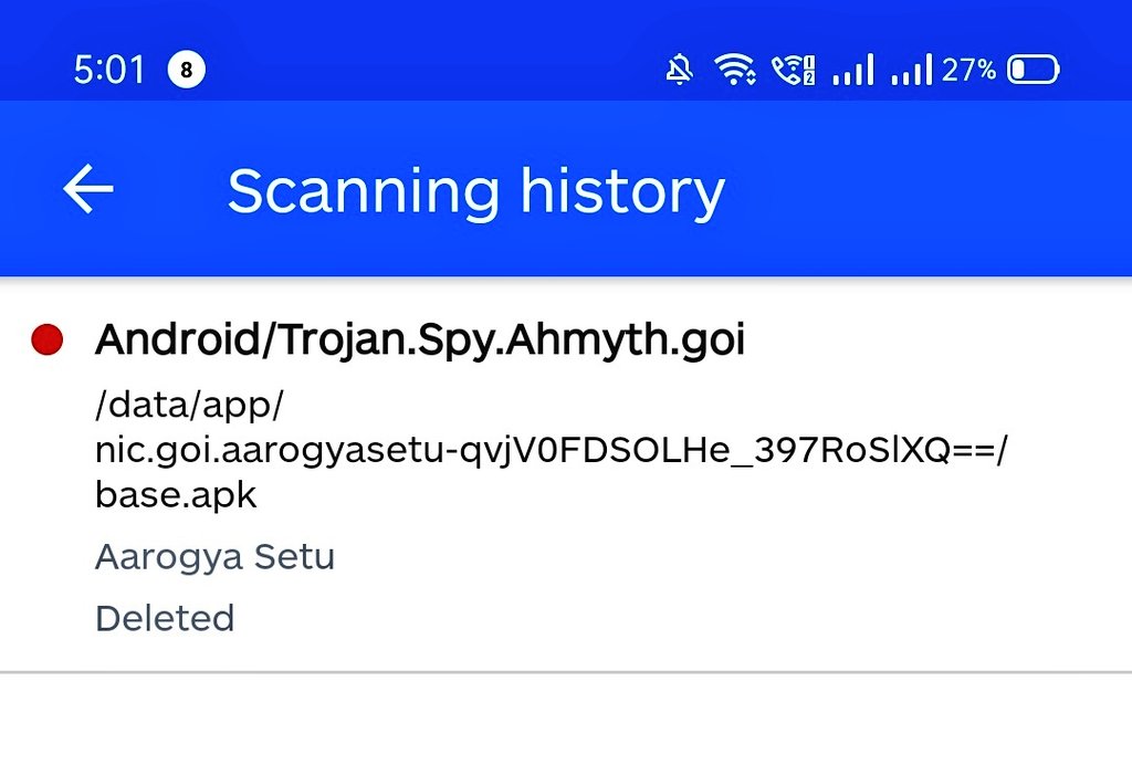 Arth01660529's tweet photo. Scanned my Aarogya Setu app with malwarebyte and found unsafe TROJAN AND MALWARES in it !! Guys install malwarebyte and scan your aarogya setu app. @SetuAarogya Please update the app asap!! @narendramodi 
#indiafeelsunsafe
#trojanalert https://t.co/Ns0hnXclVp