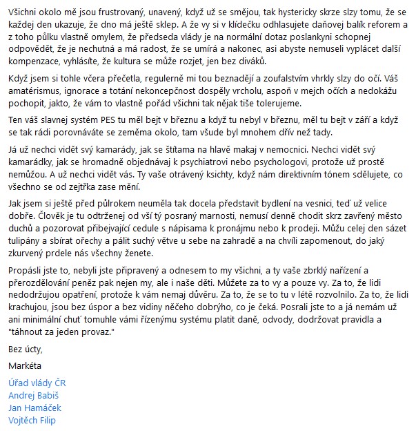 Posledniskaut's tweet photo. Ahoj česká vládo, poslanci a senátoři... 

Propásli jste to, nebyli jste připravený a odnesem to my všichni.

Bez úcty,
Markéta @pandi_kralovna https://t.co/1X4Ih4iZBB