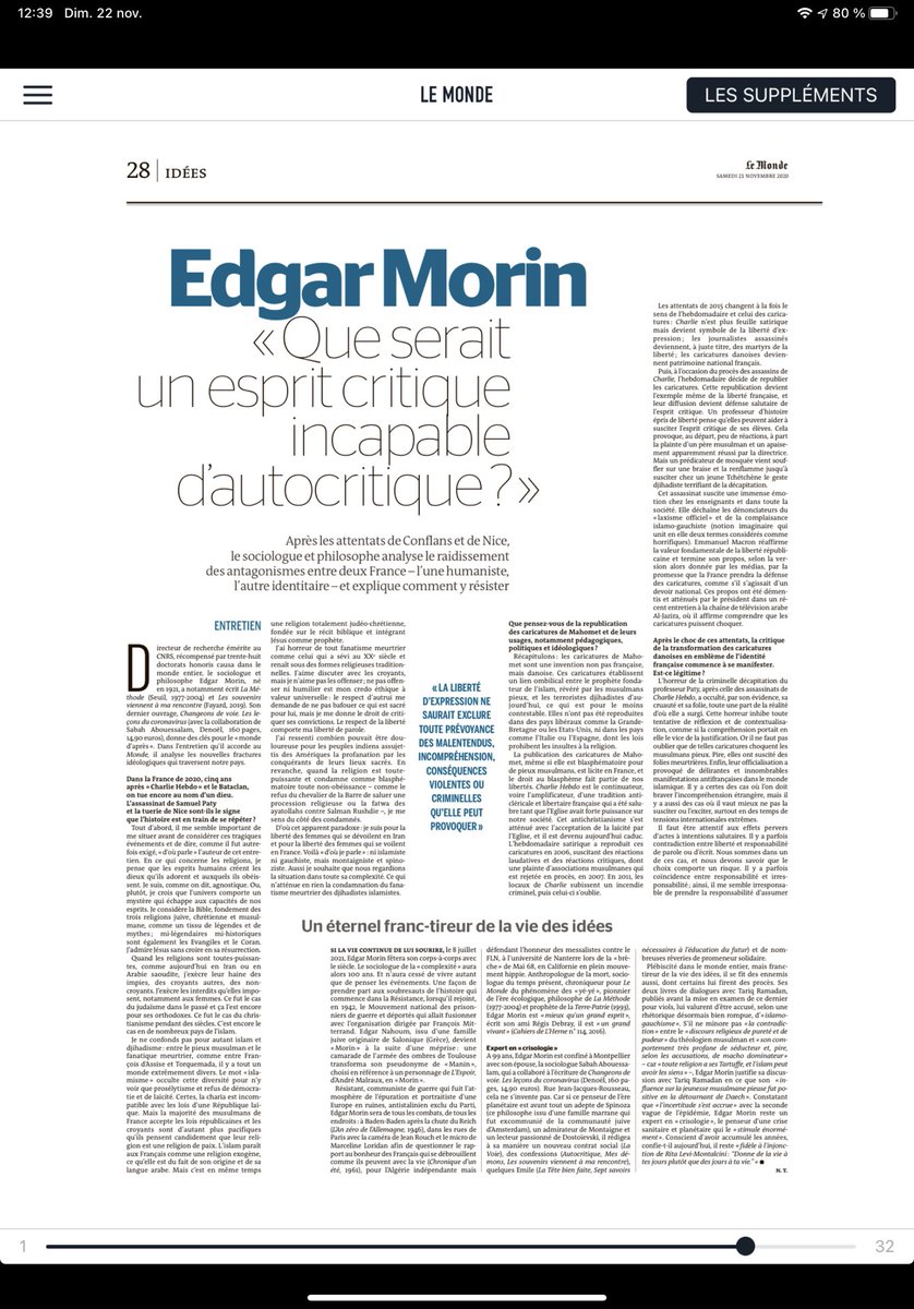 AumontFrederic's tweet photo. Un article à lire absolument pour comprendre notre époque. Edgar Morin est un esprit irremplaçable https://t.co/8mona7DMbq