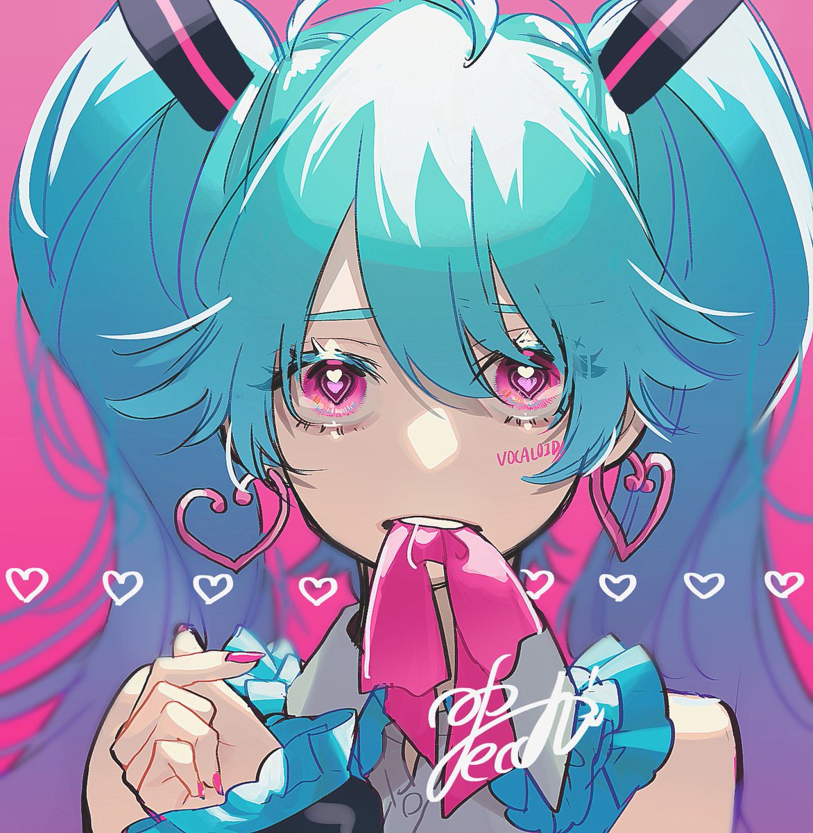 hatsune miku 1girl solo heart twintails pink background earrings jewelry  illustration images