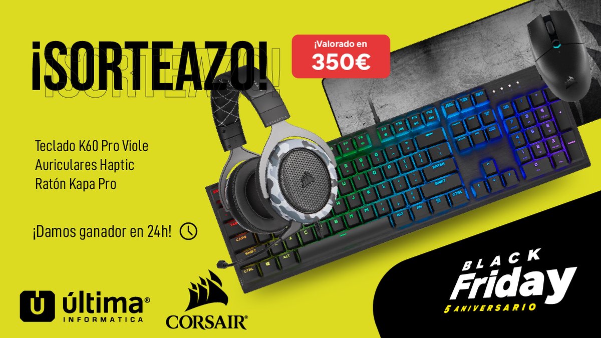 Ultima_Oficial's tweet photo. ⏰ ¡SORTEAZO 24h! ⏰

⌨️ ¡Teclado mecánico K60 Pro Viola, Auriculares gaming Haptic y ratón Kata Pro! 🖱️

🔥 Sigue a @Ultima_Oficial y @CorsairSpain 
⚡️ Menciona 3 amigos con #PCUltimax5euros
🔃 RT a este Tweet

🏆 Ganador mañana a las 10:00h

👉 https://t.co/0lMIKZIncU https://t.co/8DbrtTUaoa