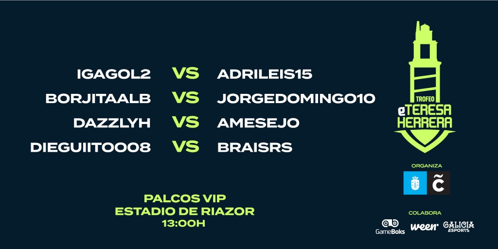 teresaherreragg's tweet photo. 🔝📢 Seguimos camino de la GRAN FINAL del I Trofeo #eteresaherrera 🔥🎮 en los #PalcosVIP del Estadio de #Riazor! ✌💪
🤜🤛 Estos son los cruces de CUARTOS que vamos a vivir YA MISMO! 💻📲👇
#TROFEOeTH #gaming #esports @coruna_deportes https://t.co/iBpUfW0UL4