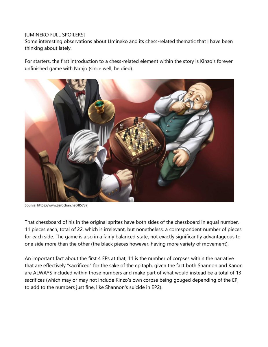 danpmss's tweet image. [UMINEKO FULL SPOILERS]
Sup everyone, infodump anon is back!
I haven't done a theory as big as this in years, I hope you people enjoy it.

This is the "Umineko's Chess Significance Theory"

I'll have to separate it in three posts, as this is 10 pages long! (1/3)