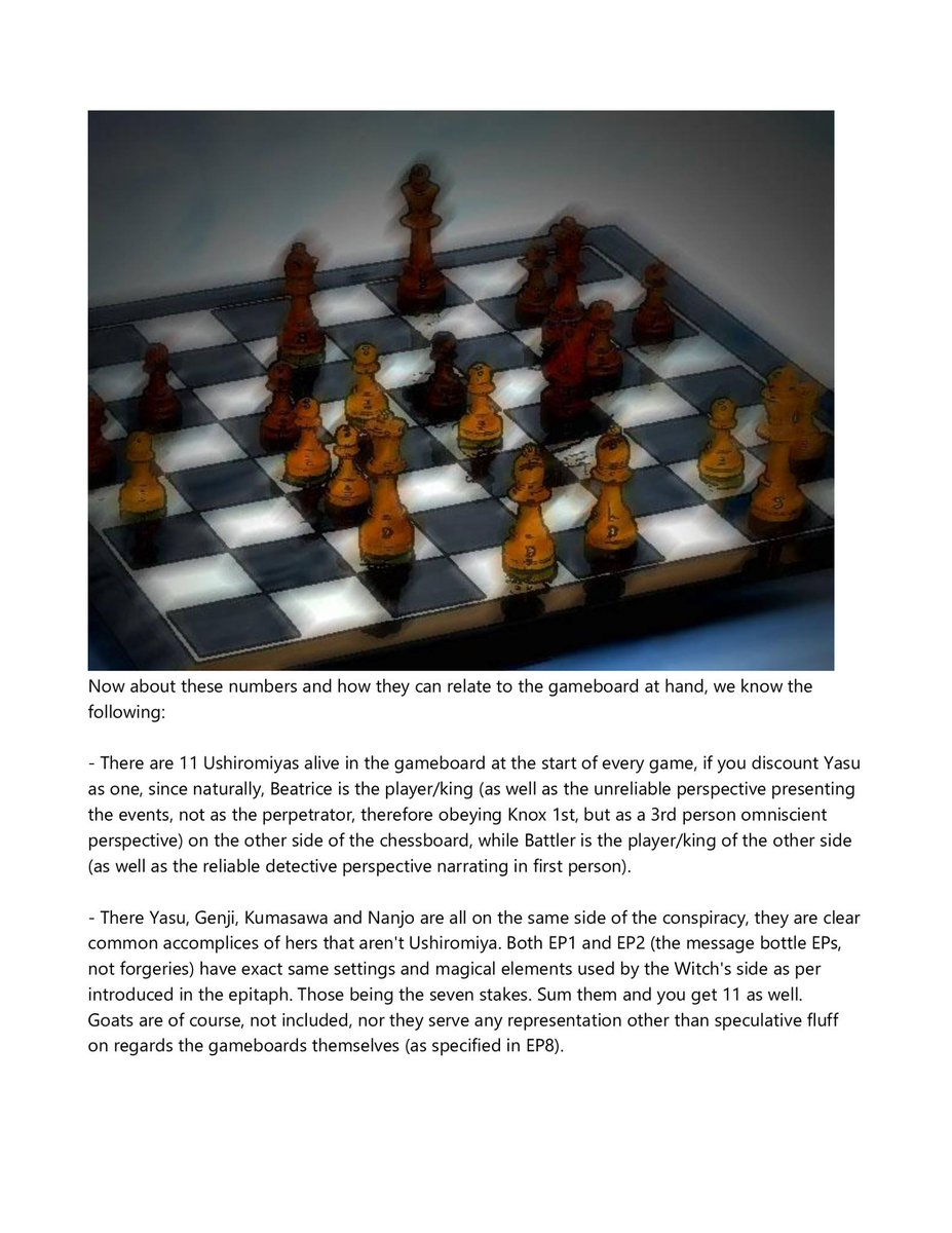 danpmss's tweet image. [UMINEKO FULL SPOILERS]
Sup everyone, infodump anon is back!
I haven't done a theory as big as this in years, I hope you people enjoy it.

This is the "Umineko's Chess Significance Theory"

I'll have to separate it in three posts, as this is 10 pages long! (1/3)