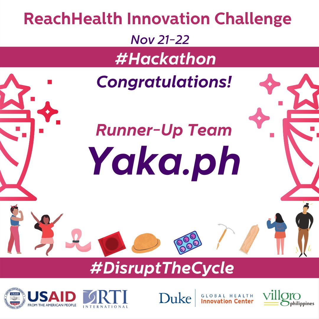 VillgroPH's tweet photo. 💥Congratulations💥
💥 Winners of ReachHealth Innovation Challenge💥
🏆Champion Team – Goal Diggers
🏅Runner-Up Team – https://t.co/iEulXP0XPz
🏅Runner-UP Team – https://t.co/wvprEd3AlC
#DisruptTheCycle #RHInnovationChallenge2020 #HackforRH
@USAID @RTI_HealthIT @DukeGhic https://t.co/iCSfCgBg7R