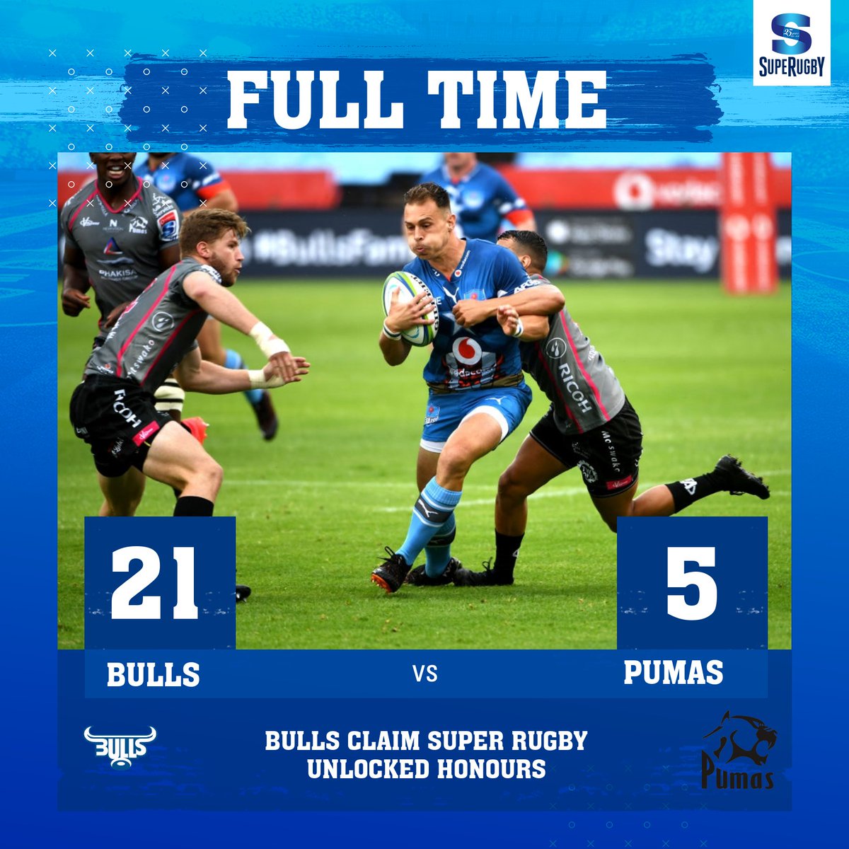 #SuperRugbyUnlocked / #Round7
#Bulls vs #Pumas 21-5
#Bulls confirmó su título de Super Rugby Unlocked el sábado, demostrando ser demasiado fuerte para el #StevalPumas en Pretoria.
#BULvPUM #LoftusVersfeldStadium #SuperRugby #SuperRugby25years https://t.co/a0r4BHaVrZ