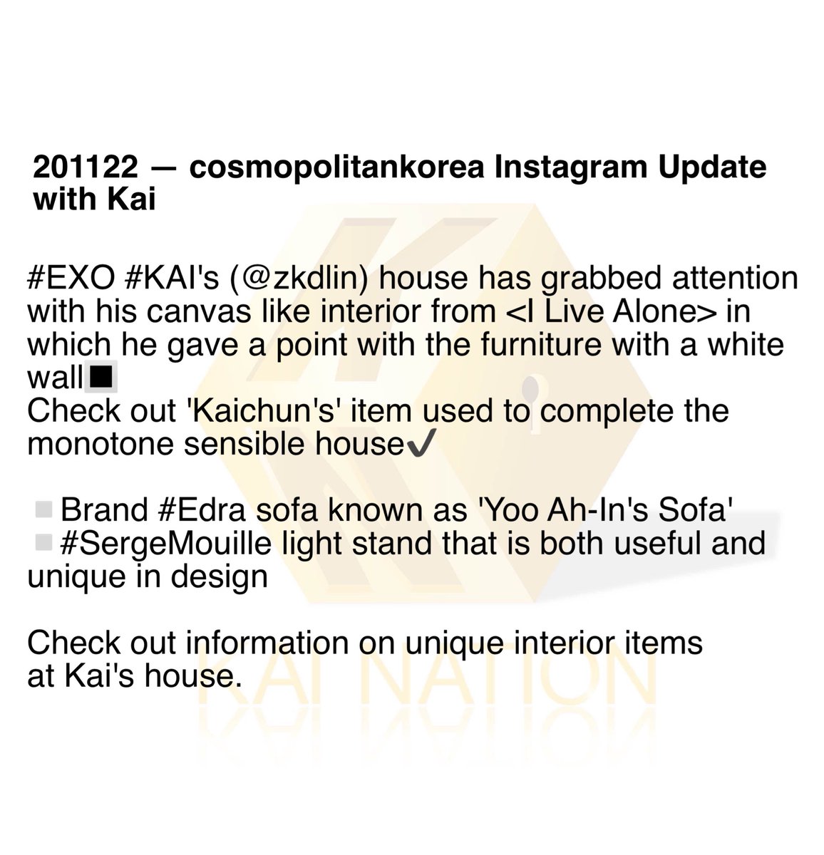 KaiNationUnion_'s tweet photo. [IG] 201122 — cosmopolitankorea Instagram Update with Kai 

Full Translation below 👇
🔗 https://t.co/vlzZsTWnFJ

#KAI #카이 #엑소카이 #LivingAloneWithKAI https://t.co/QfiVFBQcbu