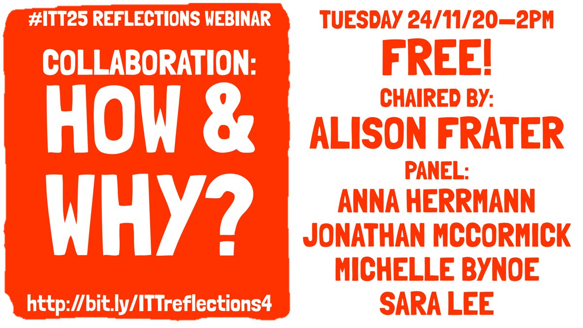 MusicinPrisons's tweet photo. The final #ITT25 #ReflectionsWebinars is 24.11.20 on Collaboration: How &amp; Why? 

Chaired by @alison_frater Panel: @annaherrm, Jonathan McCormick, @bynoe_m &amp; ITT Artistic Director Sara 

Sign up (FREE!) here: https://t.co/rv4s0F0DNu https://t.co/aiyt0XDL3N