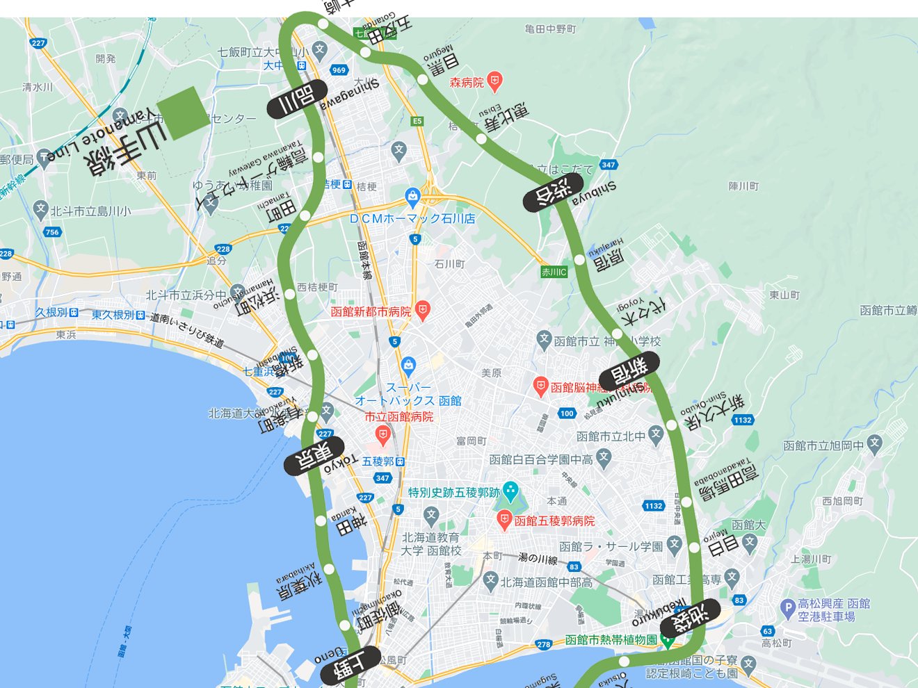 Twitter 上的 Anchorman 函館 ついでに南北逆さで角度もいじって函館市街地が山手線内に収まるようにして函館駅に上野駅を置くと 有楽町が北大水産学部 渋谷がはこだて未来大 池袋が市電湯の川くらいな範囲に収まる 未来大には地下鉄銀座線が便利そうね T