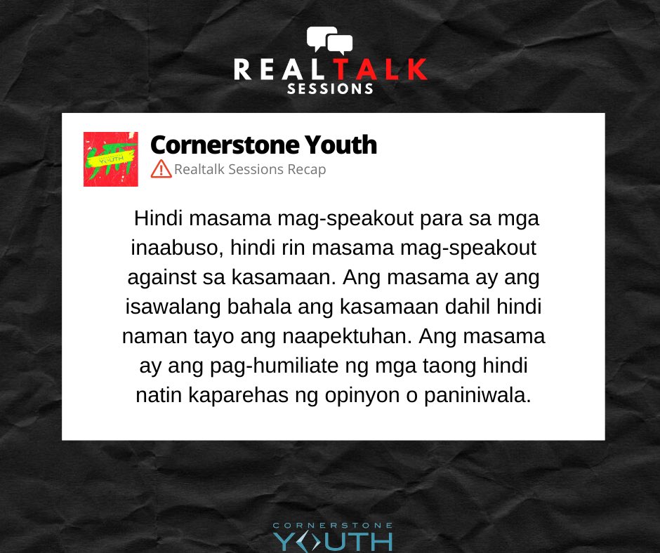 CornerstoneYRob's tweet photo. If we truly love Christ at tunay tayong taga-sunod Niya, dapat natin mahalin, tulungan, at protektahan ang mga taong itinuturing na mababa ng lipunang ito. Kung gusto natin ng pagbabago, dapat iba ang response natin, sa response ng mundo.Dapat driven tayo ng pagmamahal. https://t.co/1YxeUTPSUg