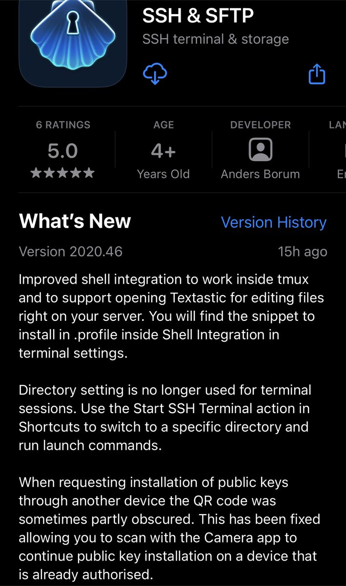 ShellFishApp's tweet photo. Secure ShellFish 2020.46 is out today with tmux support for the sharesheet and textastic commands and improvements to ssh key installation. https://t.co/aNMHV6fxhq