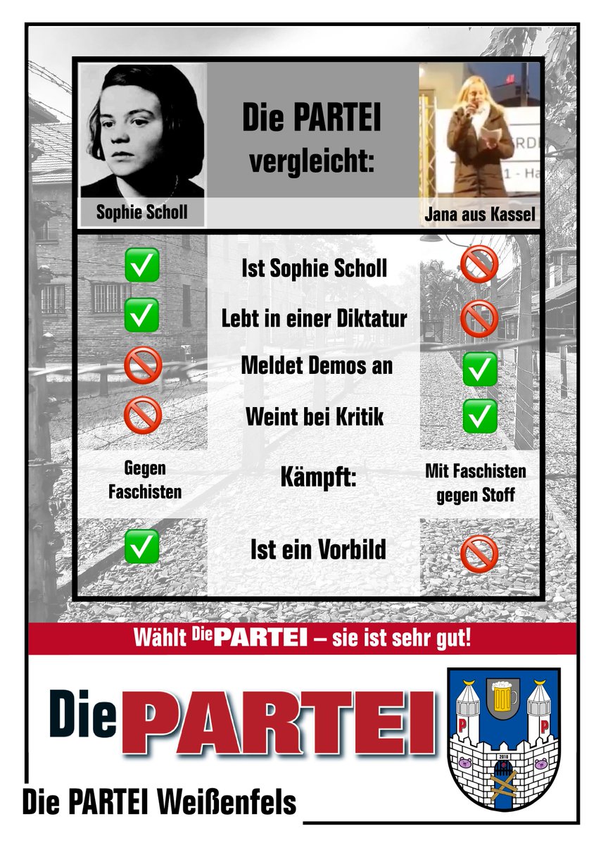 DiePARTEI_WSF's tweet photo. #DiePARTEI Weißenfels vergleicht: Sophie Scholl und #Jana aus Kassel in #Hannover

@MartinSonneborn @DiePARTEI #Widerstand https://t.co/2mvrpt7k2z