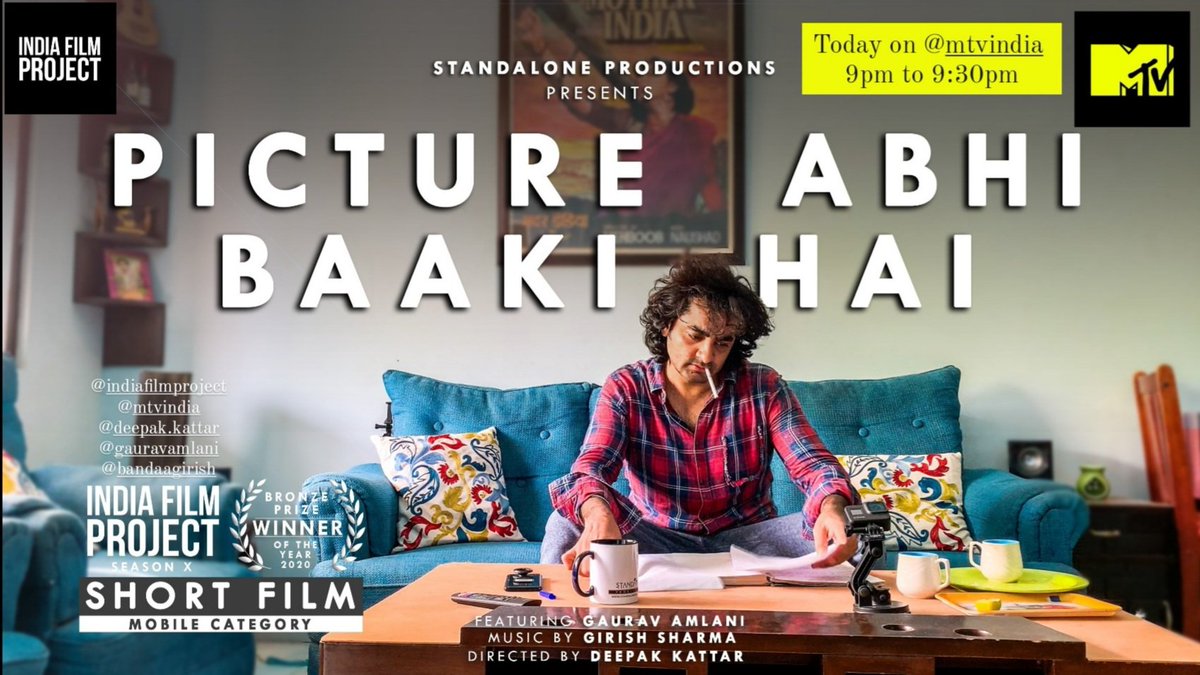 Delighted to share that our film will be broadcasted on MTV today between 9pm-9:30pm. 

Bronze Film Of The Year Winner at IFPX 
India Film Project, 2020.
.
.
Stay Tuned kyunki, Picture Abhi Baaki Hai ❤

@iFilmProject <a href="/MTV/">MTV</a> <a href="/MTVIndia/">MTV India</a> 

#indiafilmproject #ifpx #bronzefilmoftheyear