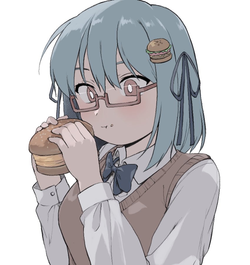 1girl burger food glasses semi-rimless eyewear solo eating  illustration images