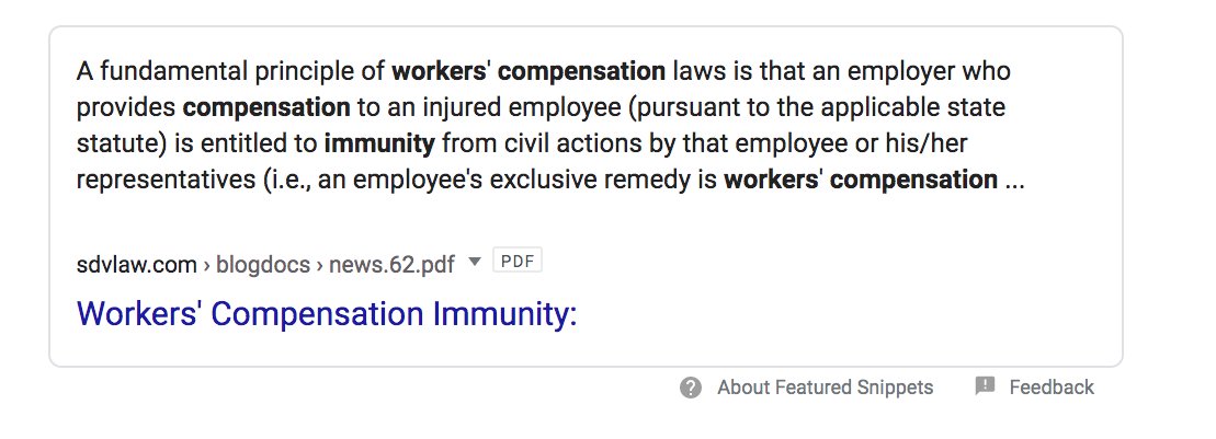 Look up Workers' Compensation. Currently, you can't sue your employer unless there is intentional conduct by the employer that causes injuryWhich is what the law should beBusinesses have protection. Judges, juries, the rules of civil procedure, statutes and case precedent