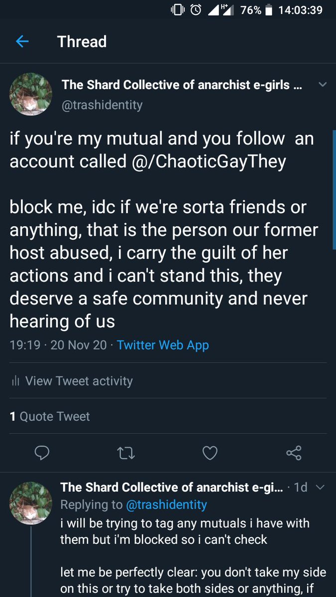 trashidentity's tweet photo. How does this interaction make any sense? They are now claiming that I asked them to block thr victim when that is something they came up with? https://t.co/Zm0UhHx248