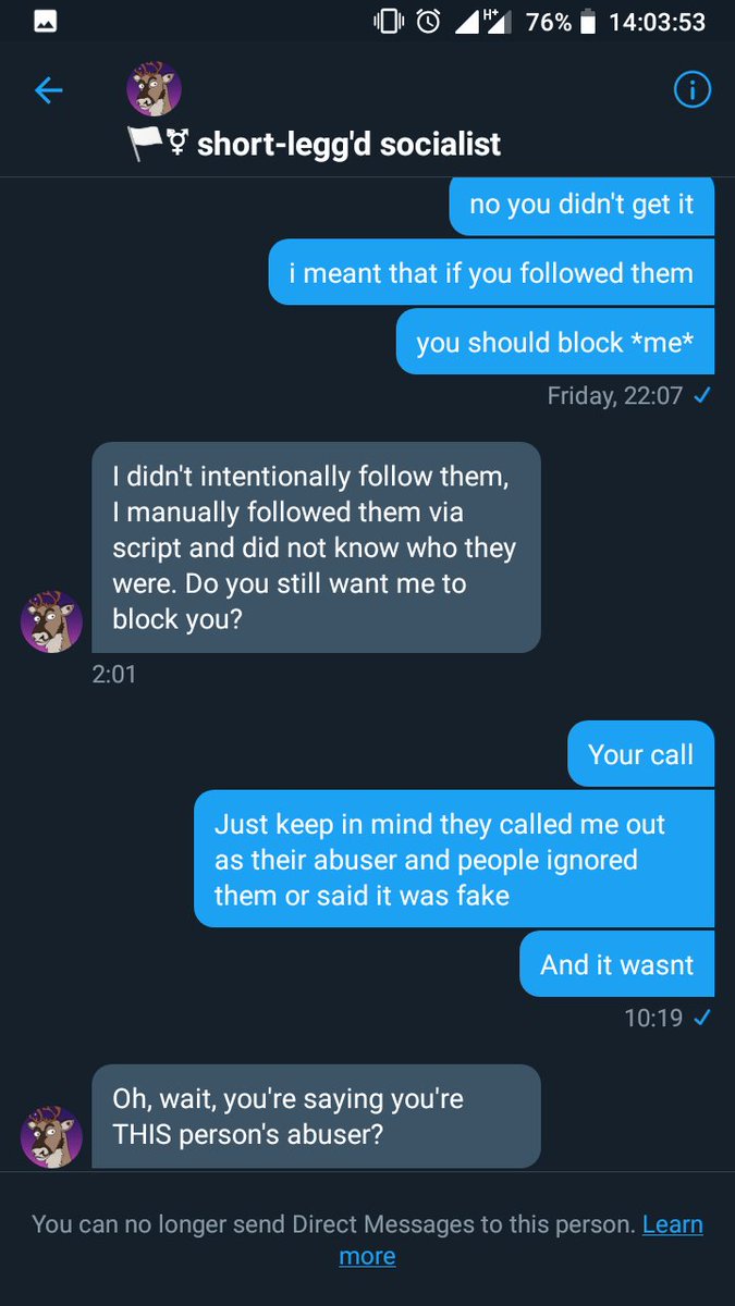 trashidentity's tweet photo. How does this interaction make any sense? They are now claiming that I asked them to block thr victim when that is something they came up with? https://t.co/Zm0UhHx248