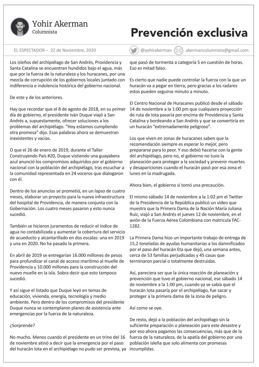 yohirakerman's tweet photo. Va mi columna de esta semana titulada #PrevenciónExclusiva y es sobre lo único que atinó a planear el gobierno nacional antes del paso del huracán Iota por el archipiélago de San Andrés, Providencia y Santa Catalina - https://t.co/uY5kOYzLlB https://t.co/Vh3il9cBHK
