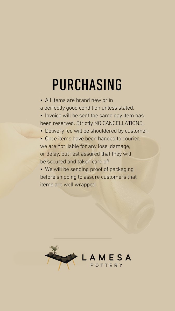 READ: Store Guidelines
HAPPY SHOPPING!

#lamesapottery #pottery #ceramics #stoneware #stonewareph #ceramicsph #teapot #cups #plates #homedecor #rustic #teapotph #stonewareph #tablesetting #homedecorph #ramenbowls #bowls  #supportsmallbusinesses #supportsmallbusinessesph