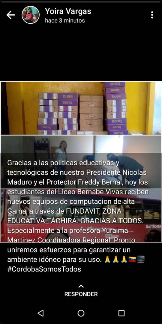 #20Nov Gracias al trabajo mancomunado entre <a href="/Fundabit_/">FundabitOficial</a> #IngVanesaPrieto @ZonaEducTachira <a href="/charlychaves/">Charly Rojas Chaves</a> <a href="/FundabitTachira/">Fundabit Táchira</a> <a href="/yuraimaaurora/">Licda. Yuraima Martinez</a> Llegaron 2Cbit repartidos en los municipios #Cordoba al <a href="/liceobernabevi/">Liceo Bernabé Vivas</a> y #FernandezFeo #UEFranciscoTamayo #transtachira se consolida dotaciones