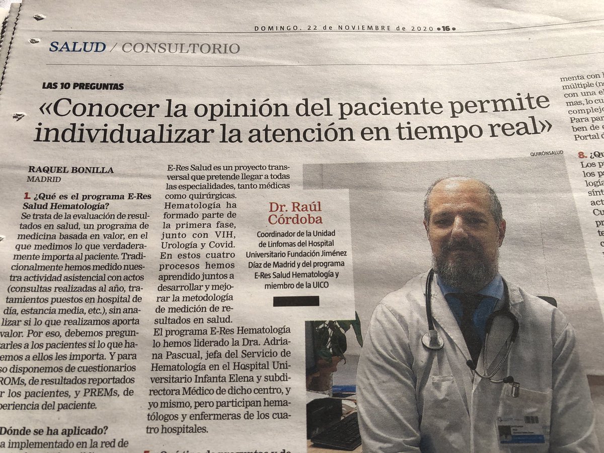 DrRaulCordoba's tweet photo. “Conocer la opinión del paciente permite individualizar la atención en tiempo real”. Gracias @larazon_es por haceros eco de “E-Res Salud”, programa de evaluación de resultados en salud #VBHC que  @UICOquironsalud ha comenzado en los hospitales públicos @quironsalud #PROMs #PREMs https://t.co/HvepqjjsIS