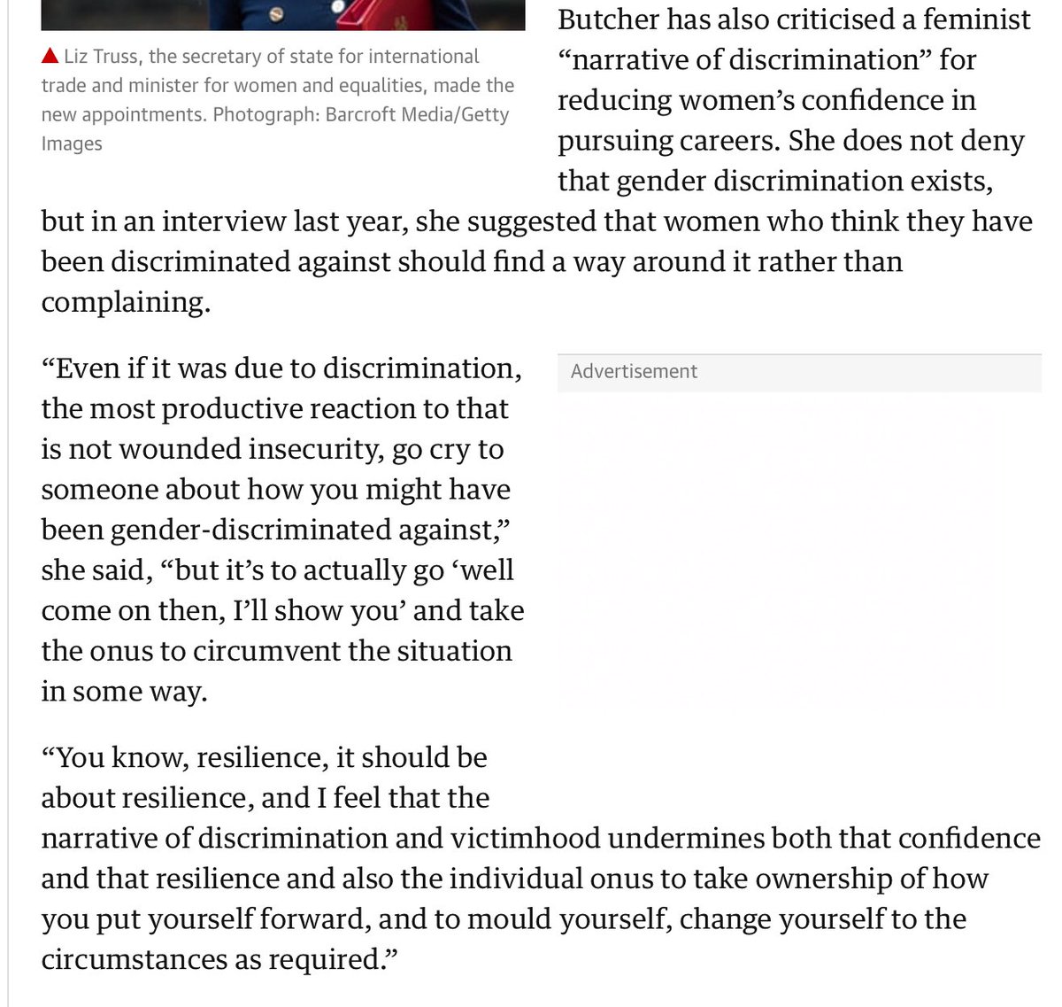 Butcher on discrimination: Even if it was due to discrimination, the most productive reaction to that is not wounded insecurity, go cry to someone about how you might have been gender-discriminated against, but it’s to actually ... the onus to circumvent the situation in some way