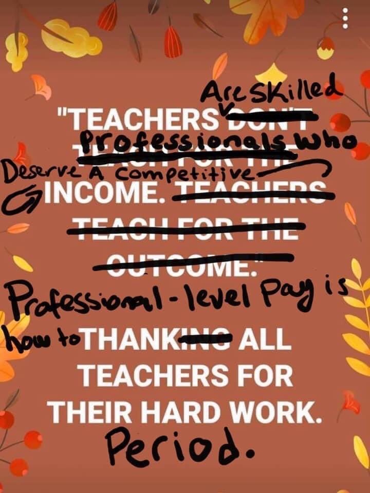 PresidentPende1's tweet photo. Don’t just thank a teacher, lobby to get teachers higher pay, safe working conditions, respect from “certain what’s privledged parents” and keep your kid home if they have been exposed to COVID. https://t.co/F3JAtMtOEQ