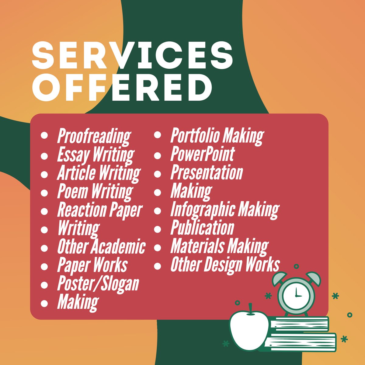 assigndo's tweet photo. Here is a list of services coming your way!
#acads #studyph #homeworkph #dohomeworks #onlineclassph #onlineclassesph #schoolworks #schoolworksucks #zoomclasses #backtoschool2020 #studygramers #academicpapers #academicpaperwriting #proofediting #proofreadingservice https://t.co/PupZyYdQVW