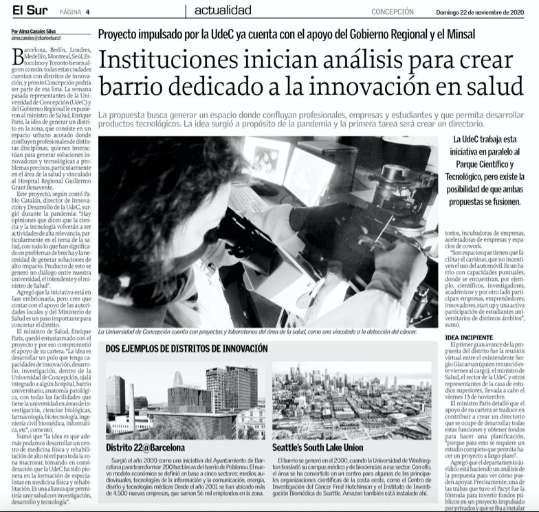 Hoy en <a href="/elsurcl/">Diario El Sur</a>, el Director de Innovación y Desarrollo de la <a href="/udeconcepcion/">Universidad de Concepción</a> Pablo Catalán, ahondó en el acuerdo de colaboración con el <a href="/gorebiobio/">Gobierno Regional del Biobío</a> y <a href="/ministeriosalud/">Ministerio de Salud</a> para analizar la creación de un barrio dedicado a la innovación en salud.