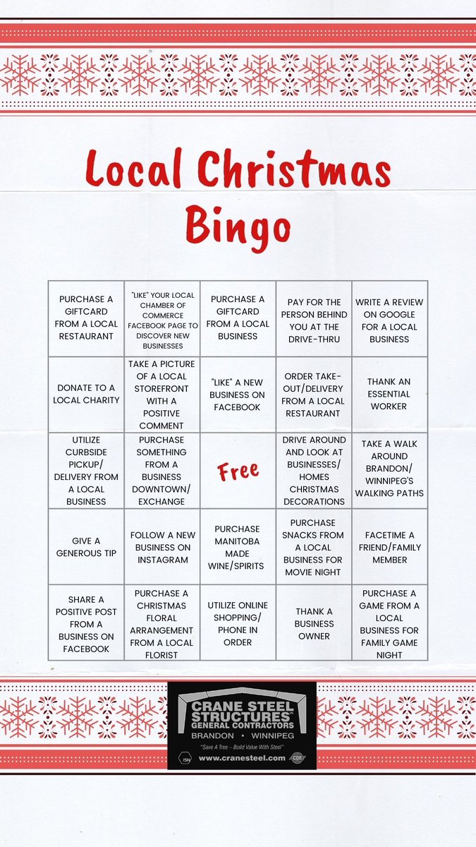 crane_steel's tweet image. Hey Brandon/Winnipeg friends!

There are SO MANY ways to support local businesses right now. Some cost money, but some of absolutely FREE!

Check out our fun little Bingo Card we created to make lockdown a little more exciting. 

#BINGO #SupportLocal #Wpgmb #bdnmb