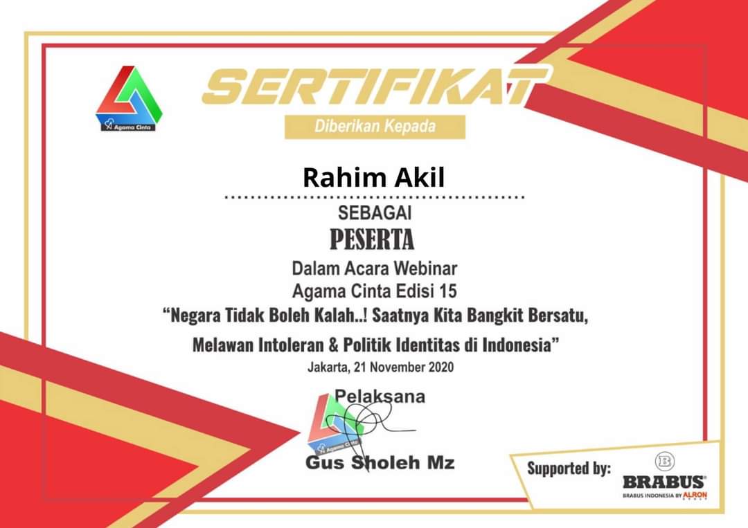AgusSho62811788's tweet photo. SERTIFIKAT PESERTA
Webinar AgamaCinta
Edisi 15
Tema:
"Negara Tidak Boleh Kalah..!! - Bersama Lawan Intoleran & Pengganggu Stabilitas Kedamaian NKRI"
21November 2020
-
#AgamaCinta
#BrabusIndonesia
#AlronGroup https://t.co/SZNVoTvodT