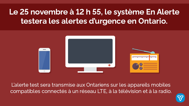 cityoftoronto's tweet photo. The Province of Ontario will test its Alert Ready system on November 25. They will issue a test message over television, radio, and compatible wireless devices. If you have a compatible cell phone, you will receive an Alert Ready message from the Province: https://t.co/tePAjeT9N3 https://t.co/OBF9MSsOuz