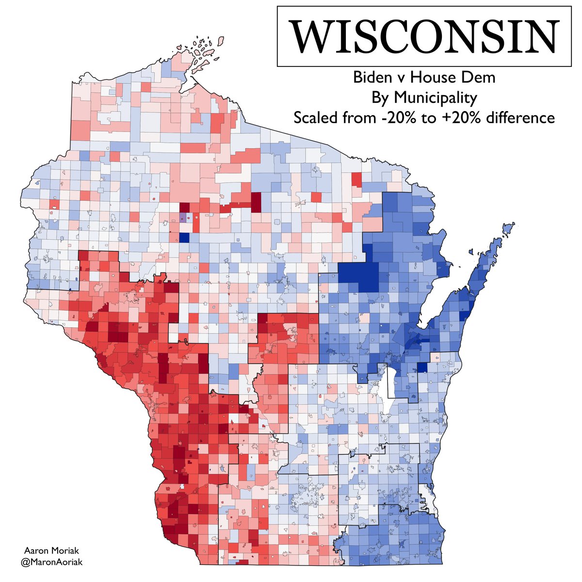 Kind& #39;s over performance is most visible in this map of the margin difference b/w Presidential and House candidates.Mark Gallagher (R-WI-08) and Bryan Steil (R-WI-01) both over performed in their districts.
