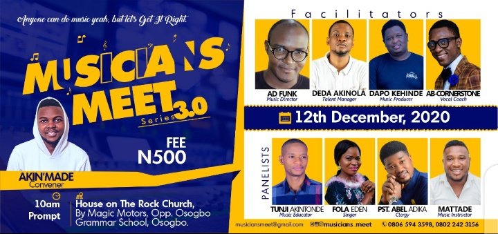 musicians_meet's tweet photo. Join AD Funk, Deda Akinola, Dapo Kehinde, Ab-Cornerstone, Tunji Akintonde, Fola Eden, Pst Abel Adika and Mattade.✅💯
MusiciansMEET with Akin’Made comes up on 12th December, 2020 by 10am at House on The Rock, Osogbo.📍

Brace up and Get readyBE THERE  😎
🎬🎤🎧🎼🎹🥁🎷🎺🎸🪕🎻🎯 https://t.co/6zTvxjA0ks
