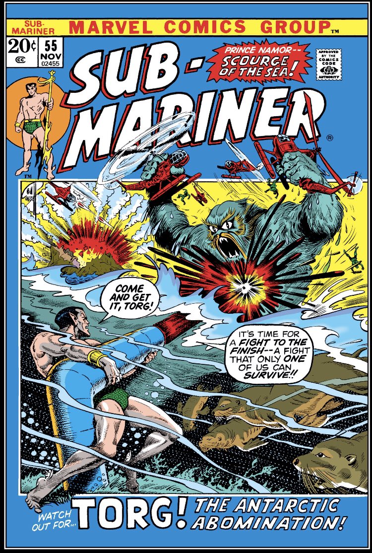 Lookit that, it's November 1972's SUB-MARINER #55, written and drawn by Namor creator and comics legend Bill Everett! I grabbed a digital copy after seeing @DarrellEpp describe it as Everett's masterpiece, and it's pretty wall-to-wall excellent. A thread: 